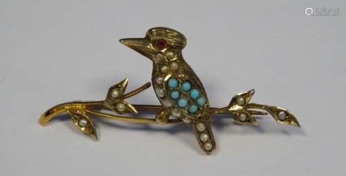Gold metal Australian kookaburra bar brooch set with seed pearls and turquoise stones, mark to