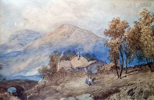 Attributed to Thomas Myles Richardson Jnr Watercolour Mountain landscape with figures, 18 x 28cm