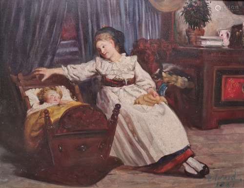 Edwards Oil on panel Mother and child in cottage interior, signed and dated 1861 lower right, 18 x
