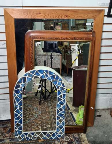 Rectangular wall mirror with pine frame, an arched top mirror with tiled frame and a 19th century