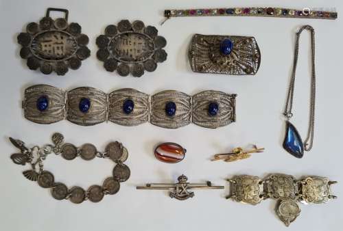 Quantity of silver jewellery to include silver buckles, filigree bracelet, silver and butterfly wing