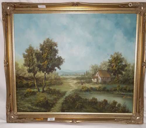 P Vogel Oil on canvas Rural scene with woman feeding her chickens by a cottage and a lake with trees