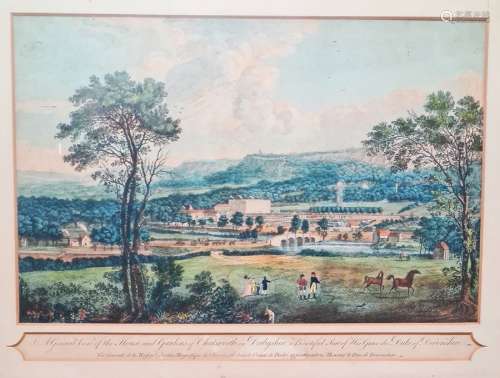 19th century colour print - 'A general view ....of Chatsworth.......seat of the Duke of