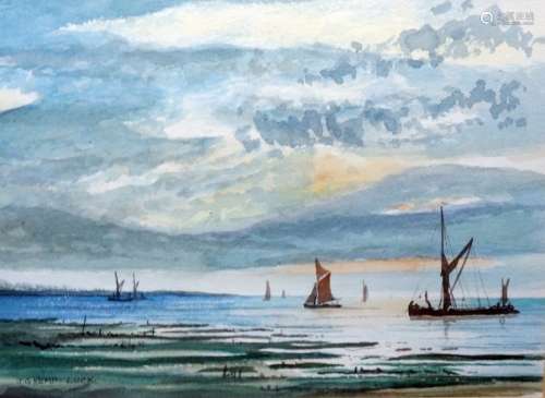 J G Kemp-Luck Watercolour Boats off shore, signed lower left Black and white etching Bar Gate,