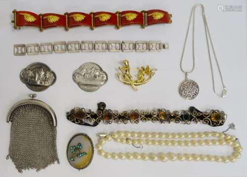 Quantity of costume jewellery to include agate and turquoise oval brooch, Indian brass box and other