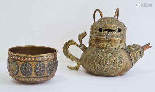 Asian brass teapot, cover and bowl, probably Tibetan, late 19th/early 20th century, the teapot