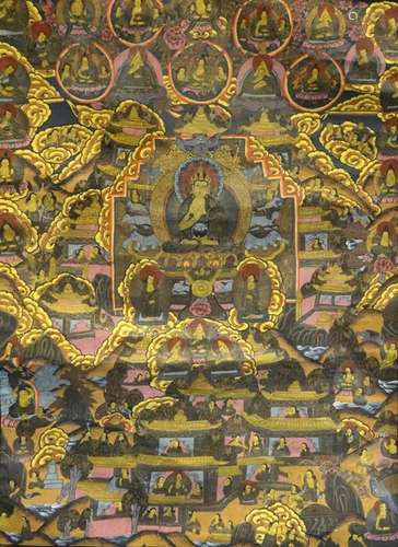 Chinese/Tibetan thangka, centred by seated Buddha with surround of numerous attendants, wild