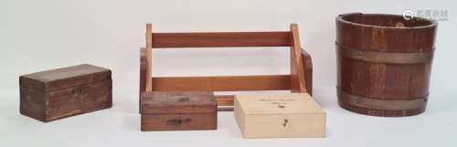 Wooden brass-bound bucket on stand, a wooden sewing box, a wooden shelf and two other boxes (5)