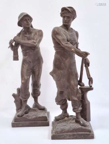 Pair of bronzed working men figures to include miner and blacksmith, on square wooden stands, 34cm