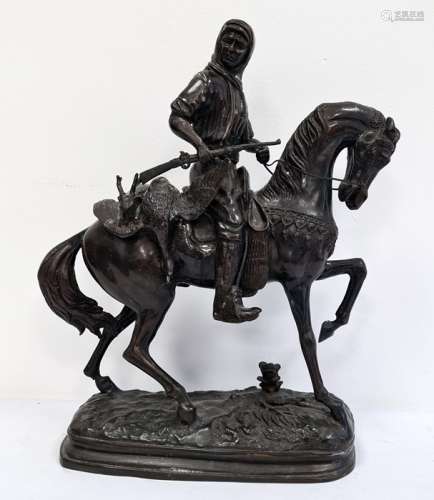 In the manner of Alfred Barye bronze figure of a hunter carrying dead game, on horseback