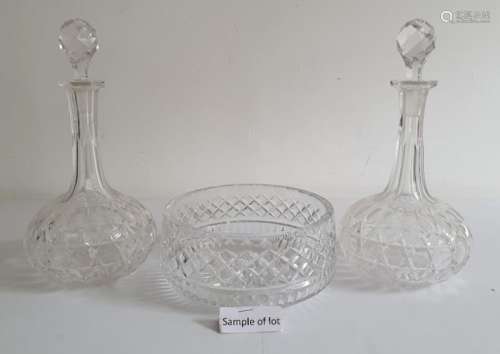 Pair of cut glass decanters of onion form together with various pieces of cut glass, etc