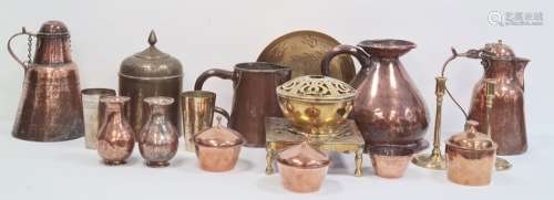 Quantity of copper and brassware to include large copper jug, Middle Eastern lidded pot, other