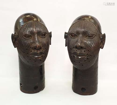 Pair of Tribal Art Large Companion Ife bronze heads, each 41cm high (2) Condition ReportPlease