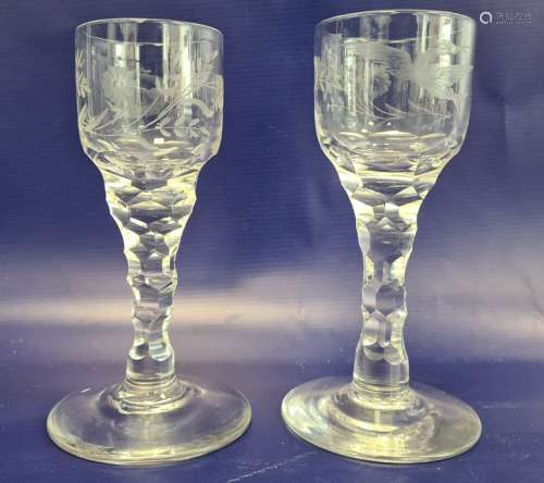 Pair of late 19th Century/ early 20th Century clear glass wines with etched decoration of bird