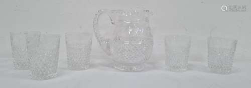 Heavy cut glass jug, relief diamond and swag pattern, and five matching cut glass tumblers (some