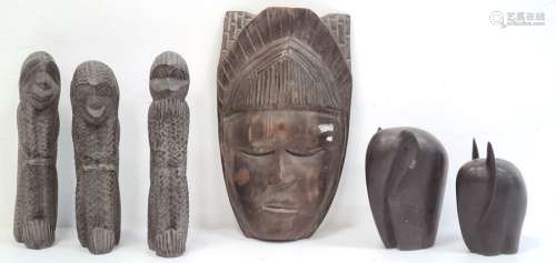 Carved African mask, carved monkeys 'See No Evil, Hear No Evil and Speak No Evil' and two carved