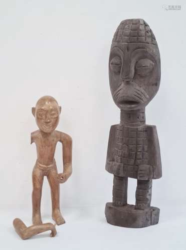 African carved wooden figure of a man holding stick (broken) and another African carved figure (2)