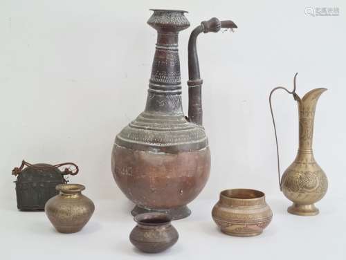 Collection of Asian and Middle Eastern brass, bronze and copper vessels, comprising a large copper