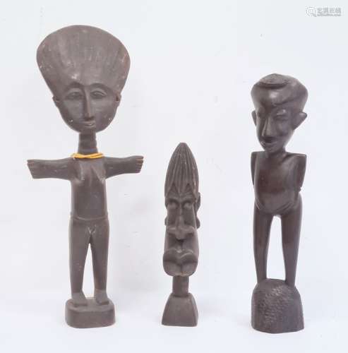 African carved female figure with beaded necklace, another African carved figure and an African