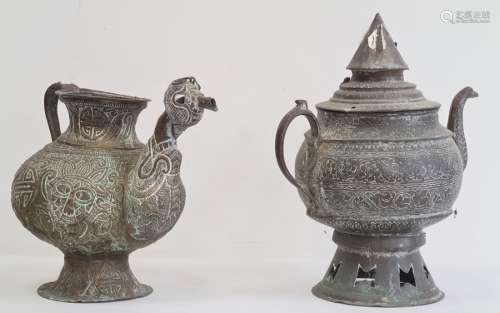 Two Asian copper tea kettles, each of globular form, the first with cover and spire finial, the