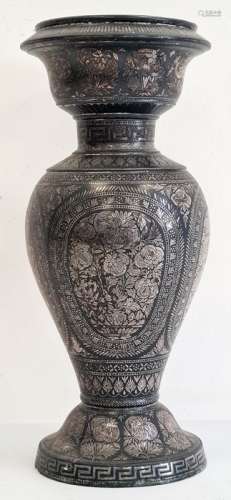 Indian metal baluster vase decorated with silvered jardinieres of flowers, within oval foliate