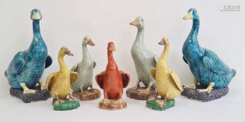 Group of seven 20th century Chinese export-style models of ducks, each after the 18th century model,