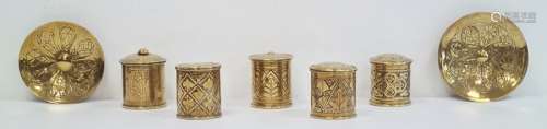 Five brass lidded trinket boxes and two circular dishes (7)