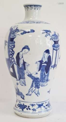 Chinese porcelain blue and white Meiping shaped vase, painted with figures before a table, vases