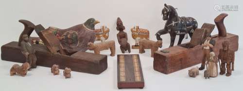 Various carved wooden animals to include jaguars, dogs, African carved figures, carved wooden