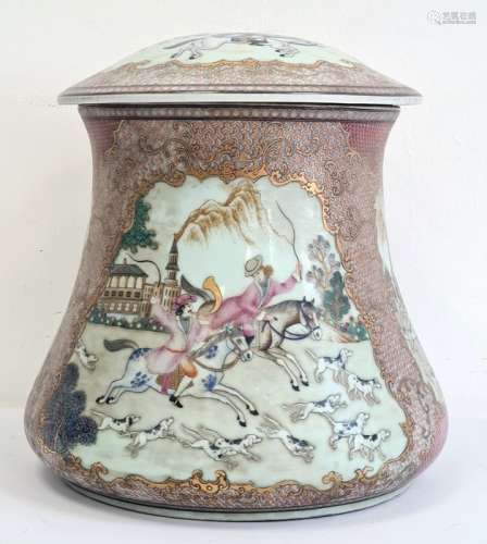 Chinese export-style waisted cylindrical vase and cover, printed, painted and gilt in the 18th