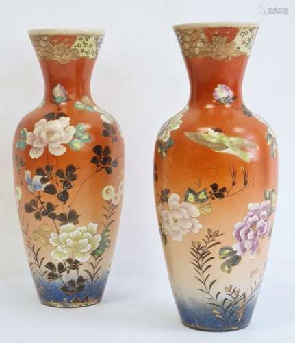 Pair of Japanese pottery baluster vases, circa 1900, red eight-character marks to bases, each