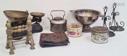 Pair of weighing scales, biscuit tins, fire tools, fishing rods and other items