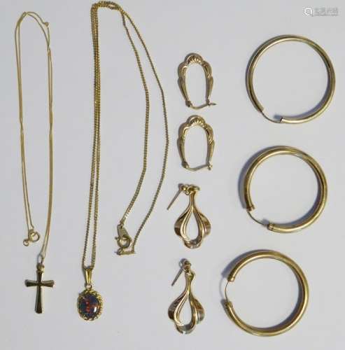 9ct gold crucifix on 9ct gold chain, a pair of 9ct gold hoop earrings, another gold hoop earring and