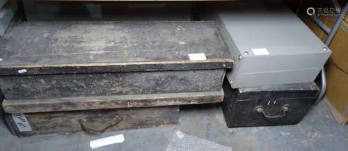 Wooden tool box, containing some tools, another wood tool box and two other boxes with a rectangular
