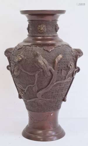 Japanese bronze baluster vase, Meiji period, decorated with birds perched on flowering branches,