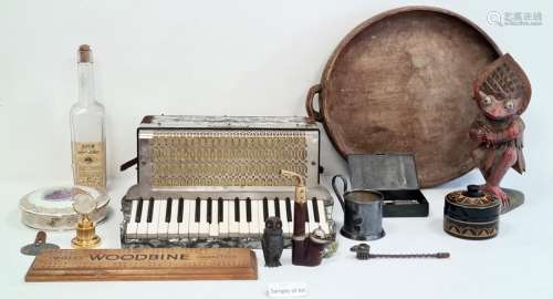 Regent accordion, a glass bottle, a carved figure, a wooden carved dish and other items (2 boxes)