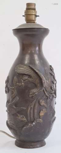 Japanese bronze vase adapted as a lamp base, decorated with birds perched on rockwork amongst