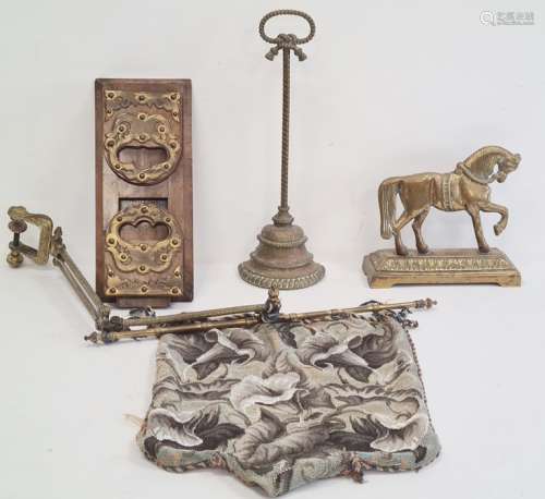 Walnut and brass-bound folding stand, a brass horse and stand, a doorstop and a beadwork wall