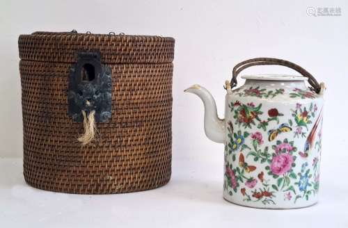 Chinese famille rose Canton teapot and cover in travelling fitted wicker case, circa 1890-1910,