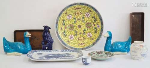 Collection of Chinese ceramics, to include a modern yellow ground circular dish, 30cm, a pair of