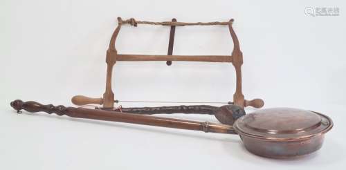 Copper warming pan, a vintage coping saw and a wooden shillelagh (3)