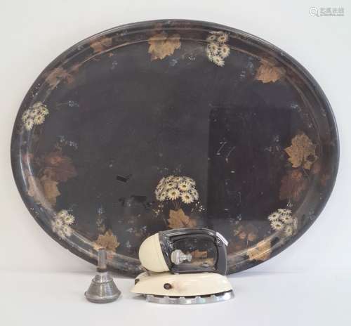 Oval papier mache painted tray, 25cm wide and a vintage 