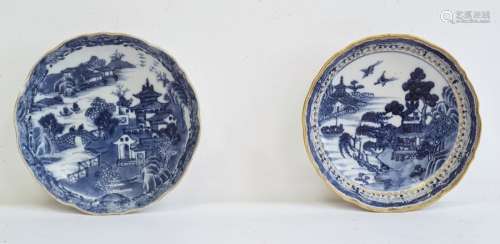 Two early 19th century Chinese export porcelain blue and white saucers, printed in blue with
