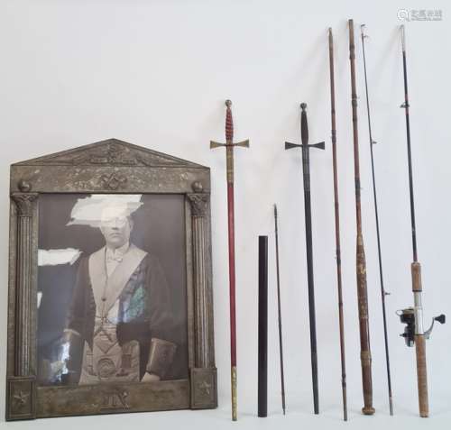 Intrepid Black Prince fishing rod, two dress swords and a photograph of a gentleman in Masonic dress