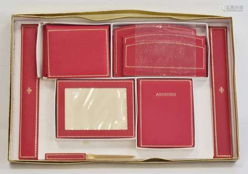Red leather stationery set to include address book, photograph frame, notepad, organiser, letter