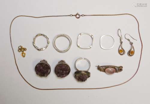 Silver rings, silver brooch, silver ring with amethyst rock and matching studs and other silver