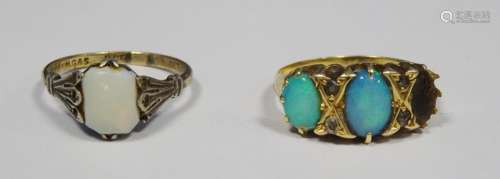 18ct gold and turquoise opal set three-stone ring (one stone missing), 4g approx total and a 9ct