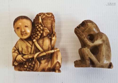 Late 19th century Japanese ivory carved netsuke modelled as a seated man holding a basket of