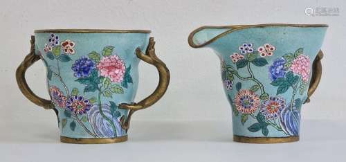 Chinese turquoise ground enamelled two-handled cup and a jug, enamelled with flowering chrysanthemum