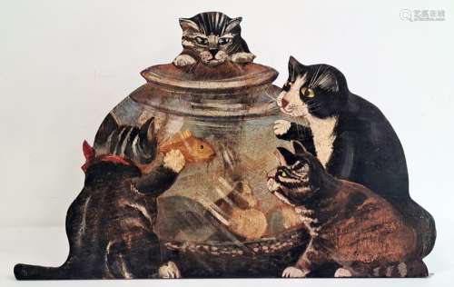 Painted wooden stand of four kittens around a goldfish bowl, signed to verso 'Painted by G I